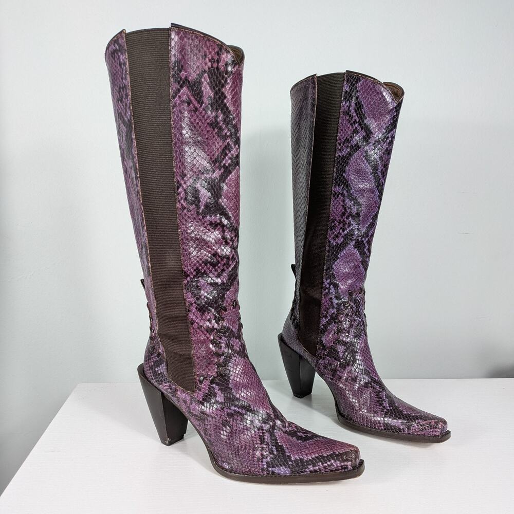 Donald Pliner Tall Boots 7.5 Purple Y2K Snake Skin Western Leather Square Italy